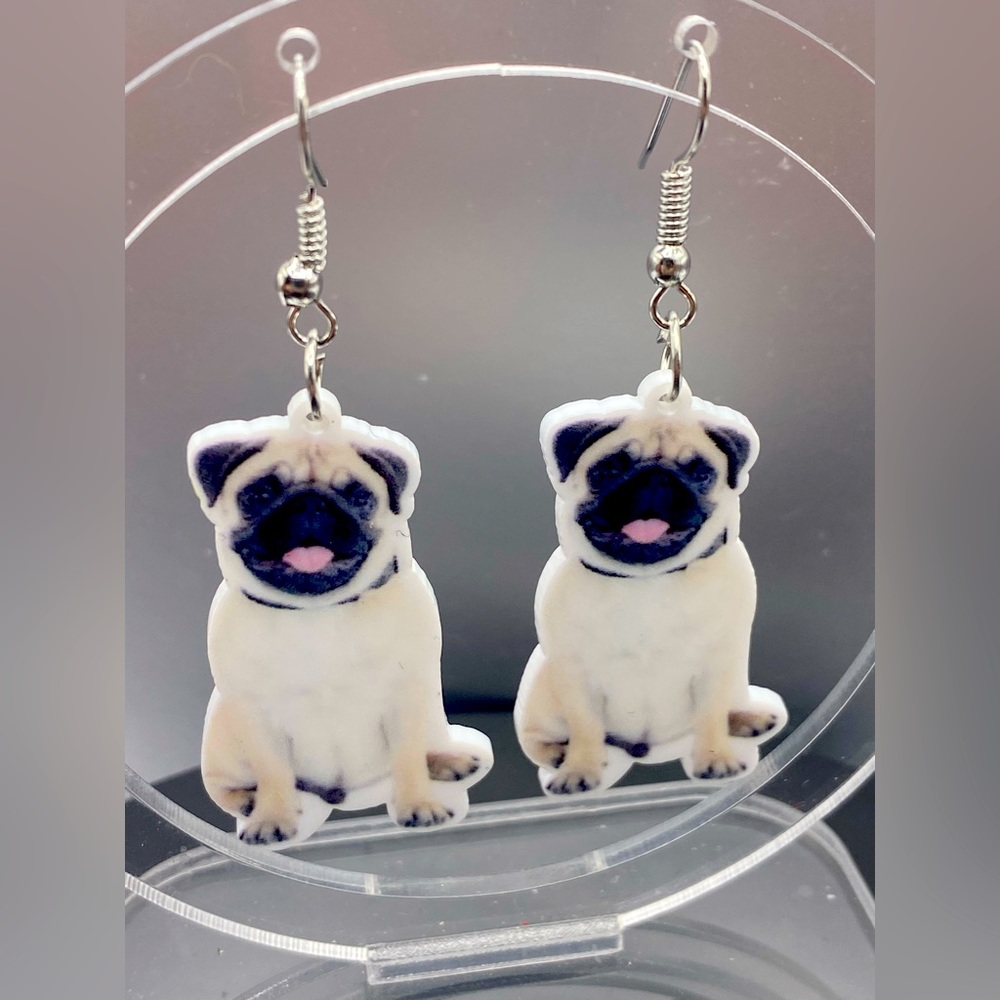 Pug dog silver tone earrings